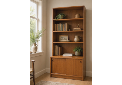 Vintage Teak Bookcase Cabinet Sliding Door Cupboard Mid Century Display Shelving