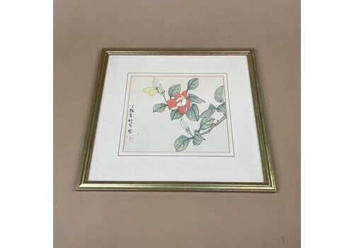 Oriental Picture Flowers Butterfly, Vintage Hand Painted Silk Art, Chinese Camellia Botanical Painting, Gold Wood Frame, Asian Wall Art