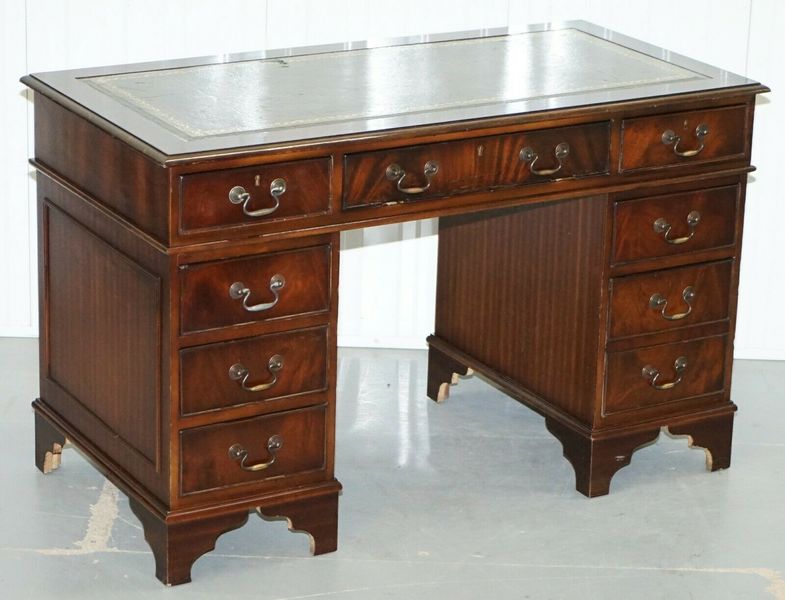 Mahogany Green Leather Partner Desk With Sliding Keyboard Shelf Twin Pedestal