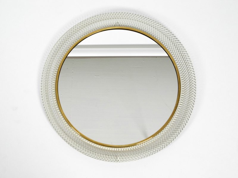 Very Nice Round Xl Mid Century Modern Wall Mirror With White Metal Frame