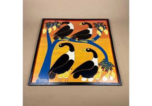 Vintage Tingatinga African Board Painting, Hand Painted Birds In Mango Tree, Signed O A Ally Tanzanian Folk Art, Framed Enamel Artwork