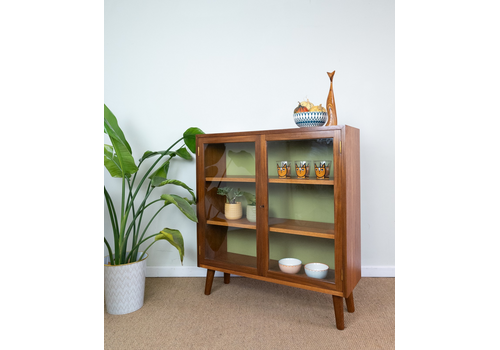 Refinished Vintage Teak Mid Century G Plan Small Green Glazed Cabinet Bookcase