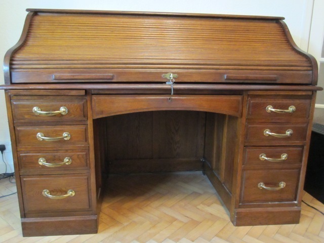 Edwardian Solid Oak Roll Top Desk