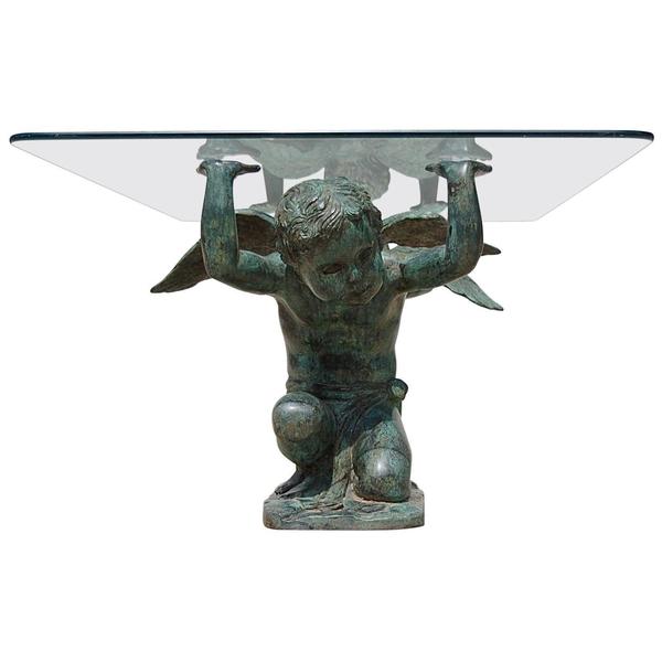 Winged Cherubs Coffee Table In Patinated Brass Signed Vinterior