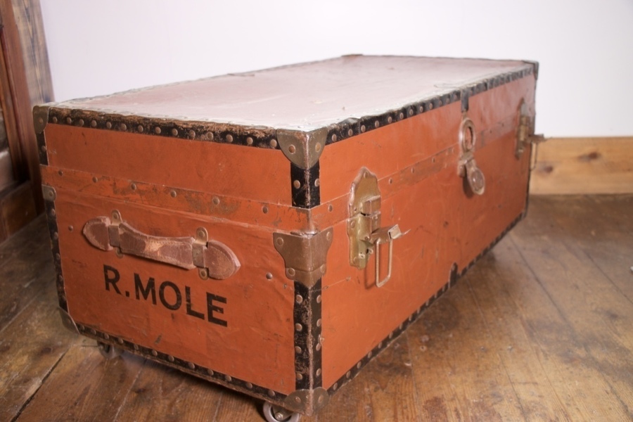 Vintage Steamer Trunk Coffee Table On Industrial Castor Wheels