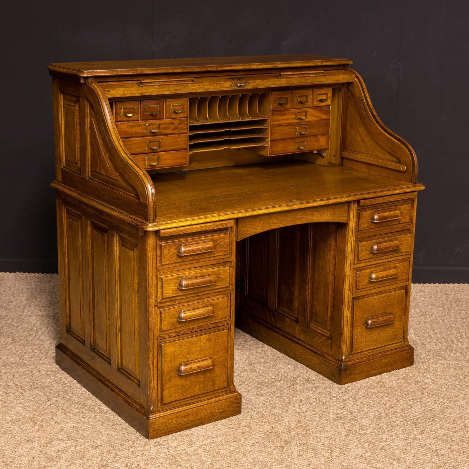 Edwardian Oak Roll Top Desk By H L