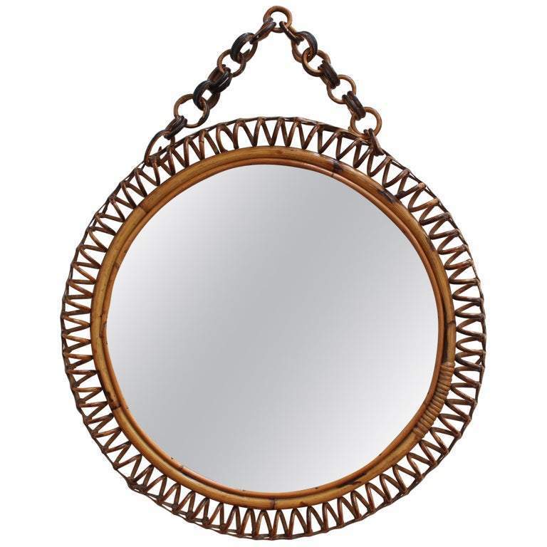Mid Century Italian Round Rattan Wall Mirror
