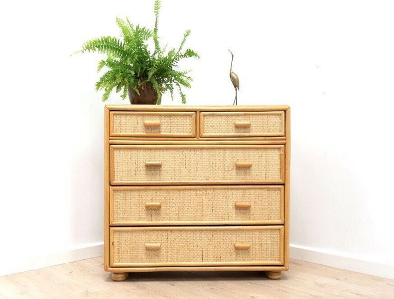 Mid Century Vintage Bamboo & Rattan Wicker Chest Of Drawers Tall Boy