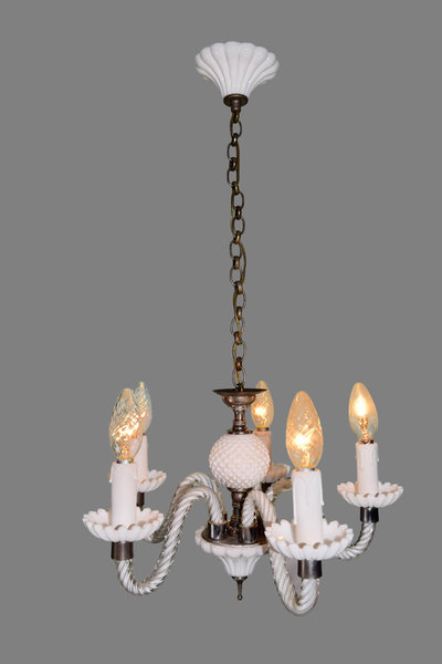 Vintage White Opaline Chandelier With 5 Lights Milk Glass Lighting Mid Century Ceiling Fixture