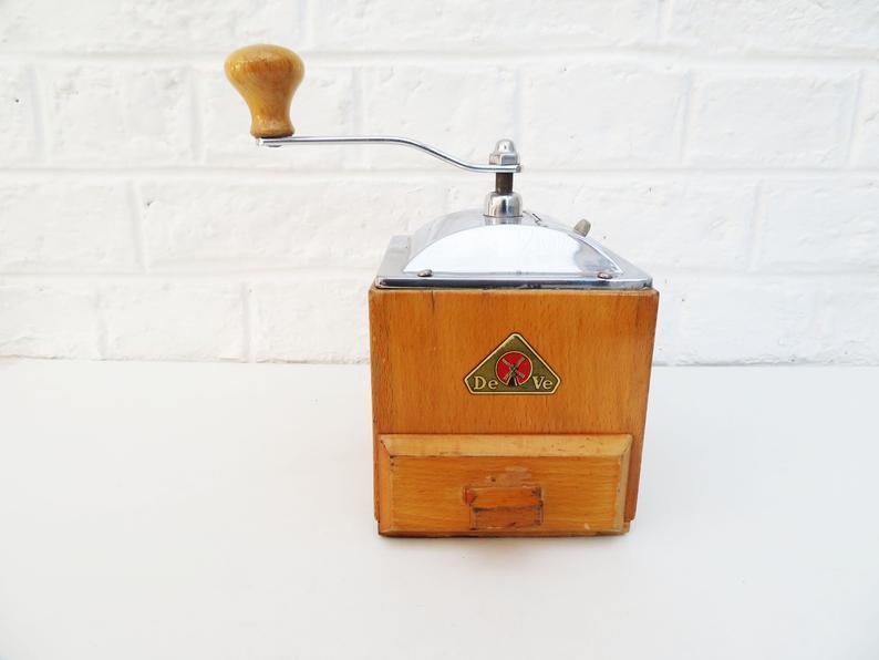Vintage Dutch De Ve Coffee Grinder, De Ve Devecht Coffee Mill, Wood Box