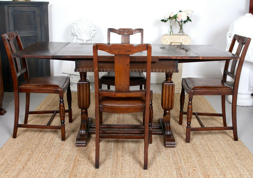 Antique Vintage Oak Dining Table And 4 Chairs Arts Crafts Extending