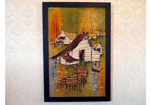 Colourful Malaysian Batik Painting Of Fishing Village On Silk Canvas