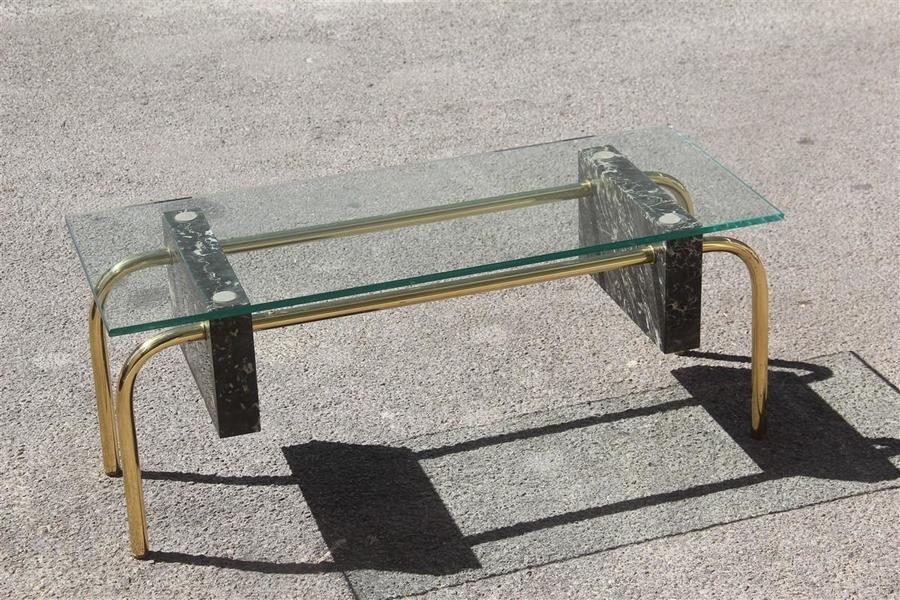 Rectangular Table Coffee Italian Design 1970s Brass Marble Portoro Glass Top photo furniture