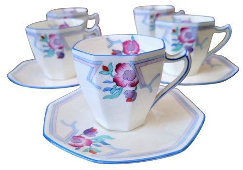 Set Of Five Royal Doulton Art Deco Demi Tasse Coffee Cups And Saucers