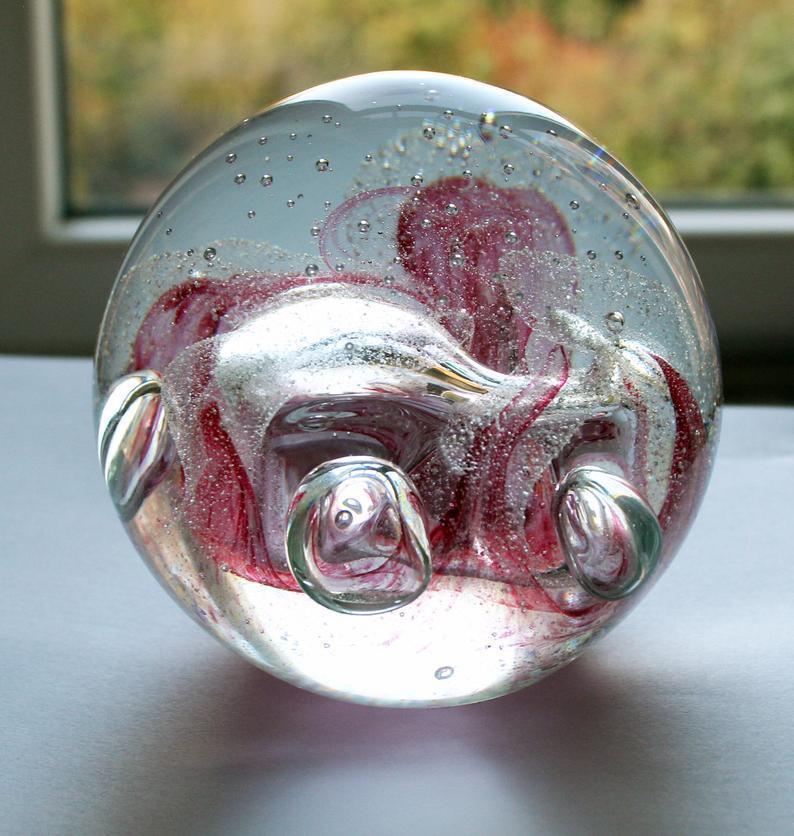 Large Vintage Studio Art Glass Paperweight Pink And Clear Controlled
