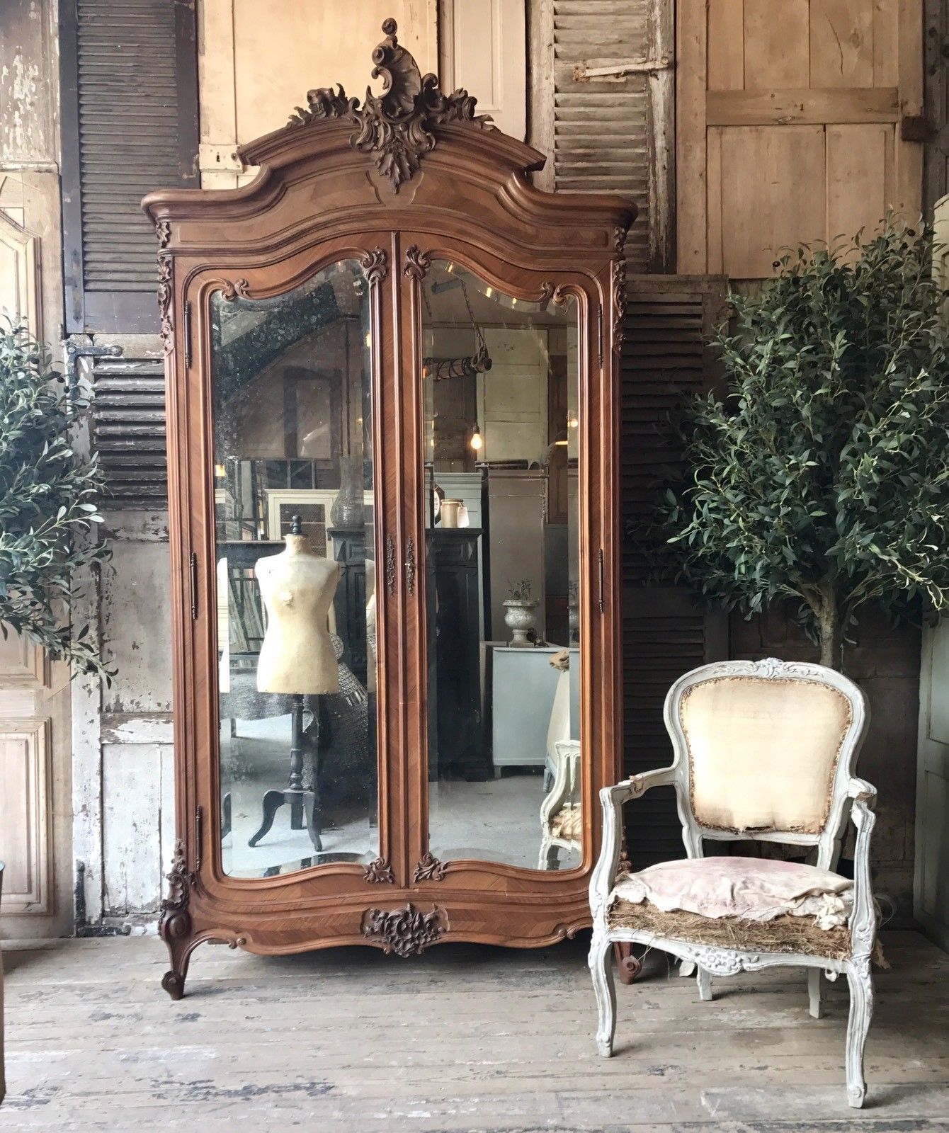 Original Vintage French Louis Xv Double Armoire With Mirrored Doors Vinterior