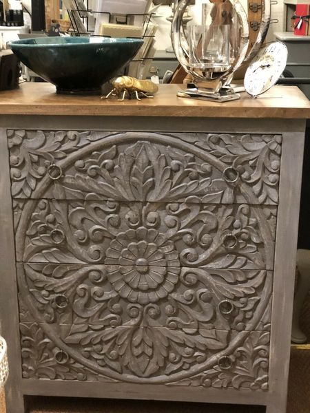 Carved Chest Of Drawers Made From Mango Wood Painted Grey Vinterior