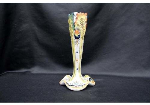 Antique Vintage French Faience Rouen, Henri Delcourt Hd, Bud Vase, Ceramic Handpainted Vase, St Malo, Crest Armorial Dogs, Le Havre Flowers