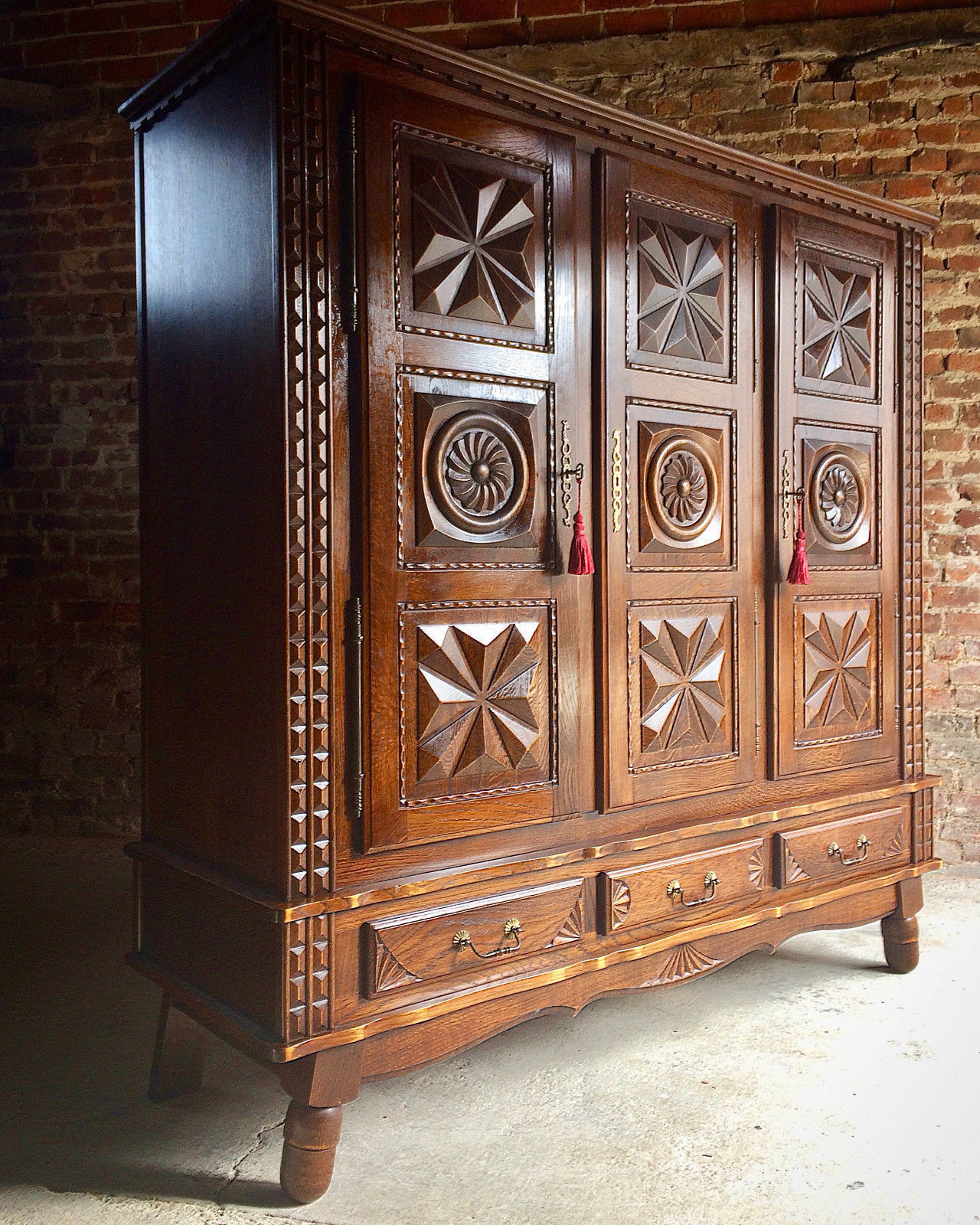 Antique Style French Oak Armoire Wardrobe Large Carved Bedside