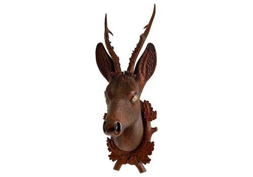 Black Forest Carved Wood Deer Head With Real Antlers, Circa 1900