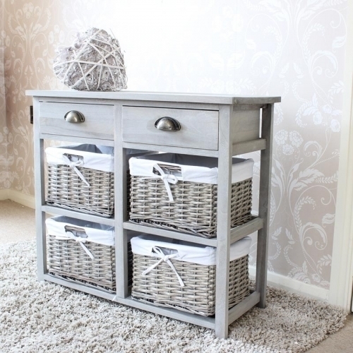 Vintage Grey Range Two Drawer And Wicker Basket Storage Unit
