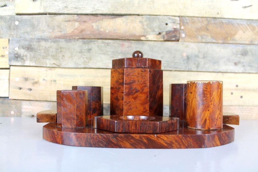 Vintage Antique Art Deco French Burr Walnut Desk Set Tidy