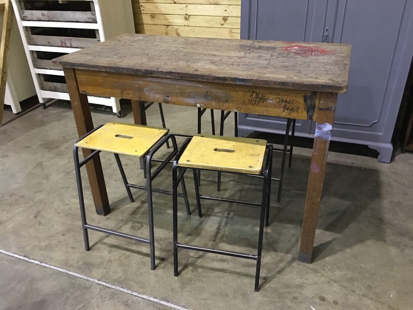 Vintage Old School Science Bench Table Four Lab Stools Breakfast Bar Kitchen Vinterior