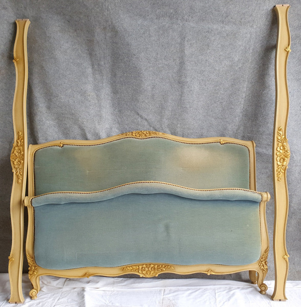 Mid 20th Century French Vintage Blue Velvet Bed Frame Vinterior