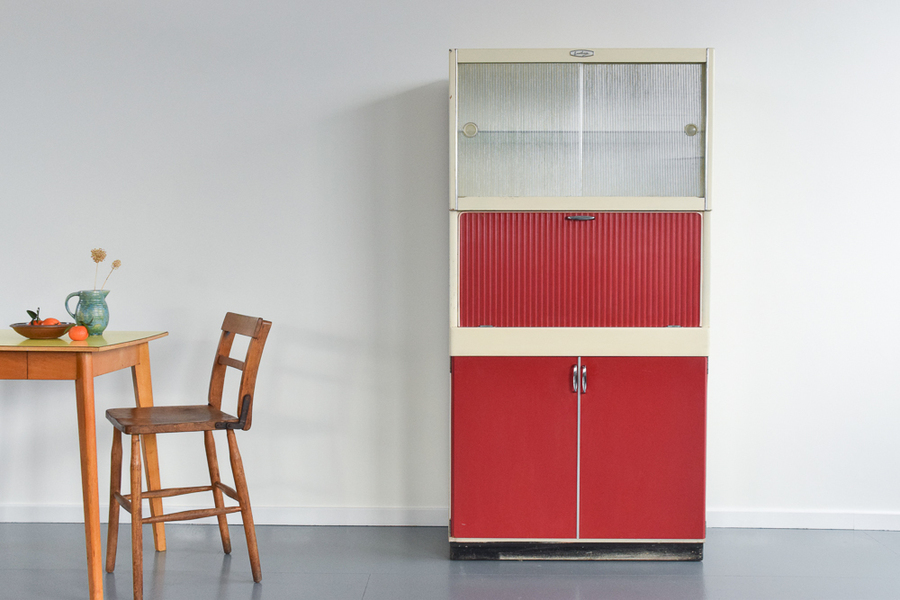 Vintage 1950s White And Red Wooden Kitchen Cabinet With