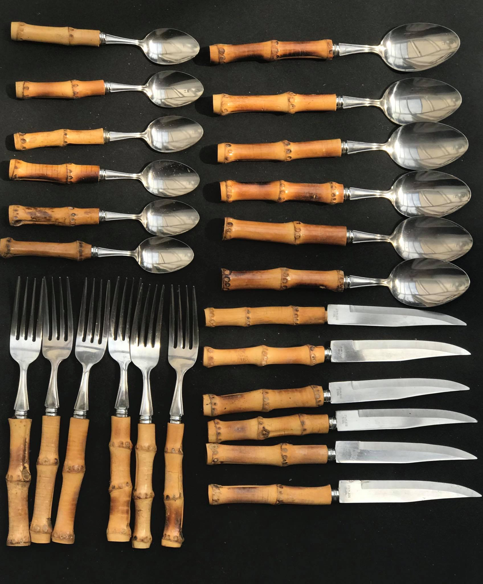 Bamboo Flatware Vintage Set Fork Spoon Mid Century 1960s Bamboo Handle