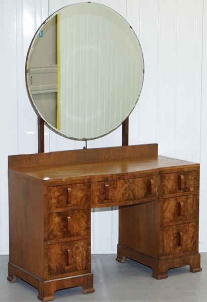 Antique Solid Walnut Dressing Table With Very Large Round Mirror Antique Solid Walnut Dressing Table