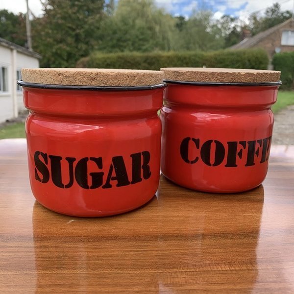1960s Vintage Polish Enamelled Kitchen Storage Jars in Red Vinterior