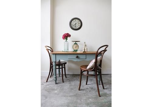 Vintage Pine Farmhouse Kitchen Table With Turned Legs And Cutlery Drawer In Duck Egg Blue