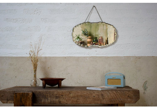 Vintage Oval Shaped Mirror Bevelled Edged Mid Century Mirror With Chain