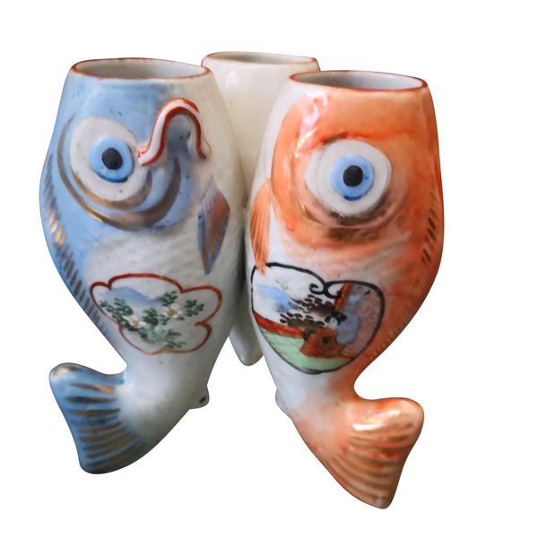 Kitsch Vintage Japanese Porcelain Triple Koi Fish Vase Vinterior