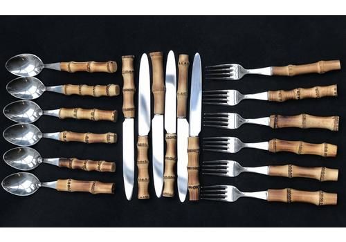 Bamboo Flatware Dinner Set Vintage Forks Knives 1960s Bamboo Handle Stainless Flatware Made In France Boho Chic Bohemian Folk Nature