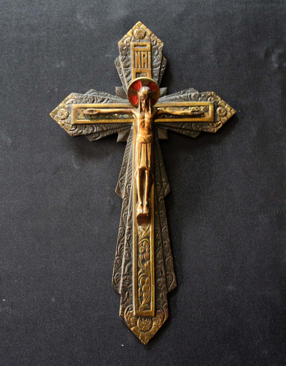 Large Art Deco Art Nouveau Brass Crucifix, Wall Hanging Trinity Crucifix / Cross Inri Lovely