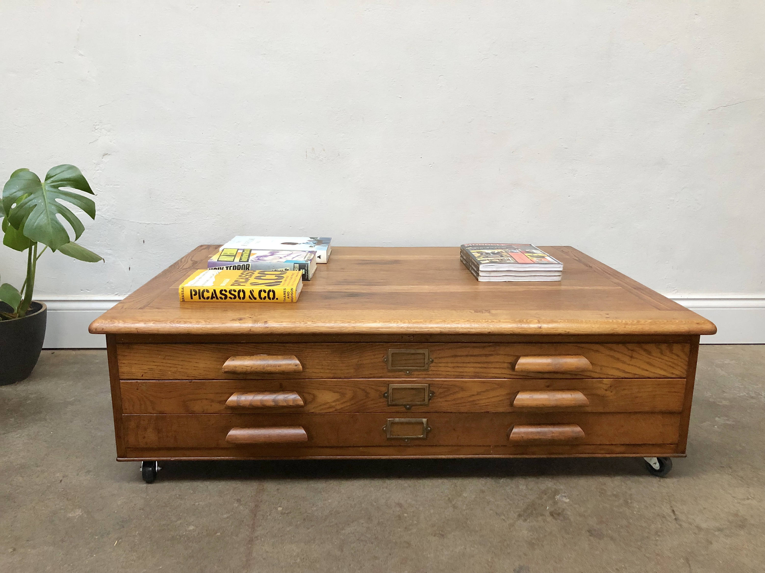 Vintage 1950s Abbess Oak Plan Chest Map Drawers Coffee Table A1 Size Retro Industrial Vinterior