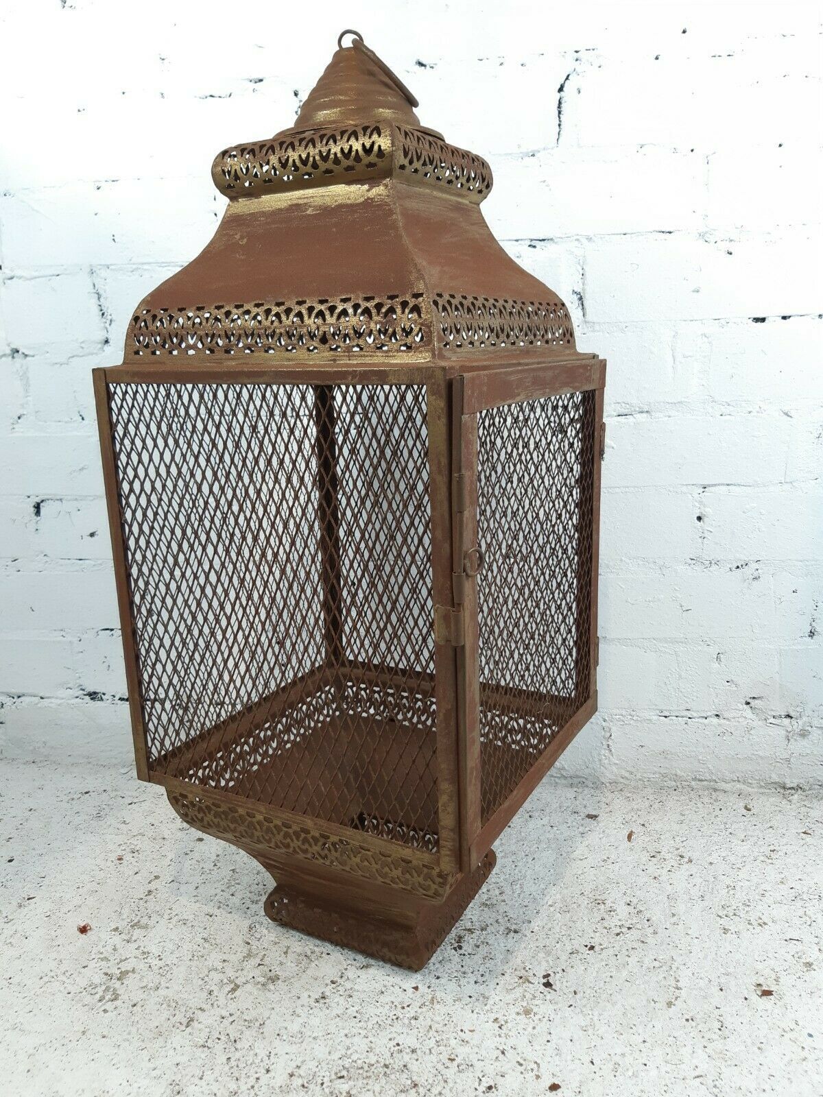 Large Vintage Rustic Indian Moroccan Metal Gold Hanging Candle Holder