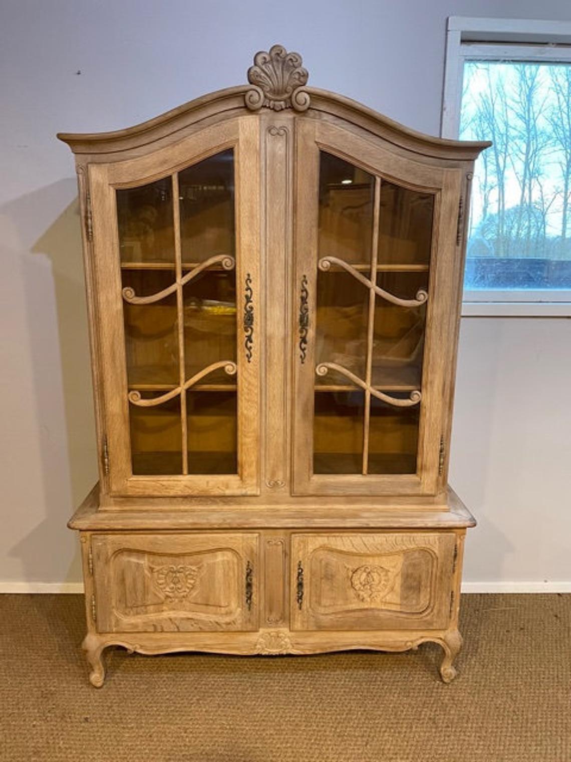 Vintage French Rustic Oak Ornate Vitrine Glazed Bookcase Display