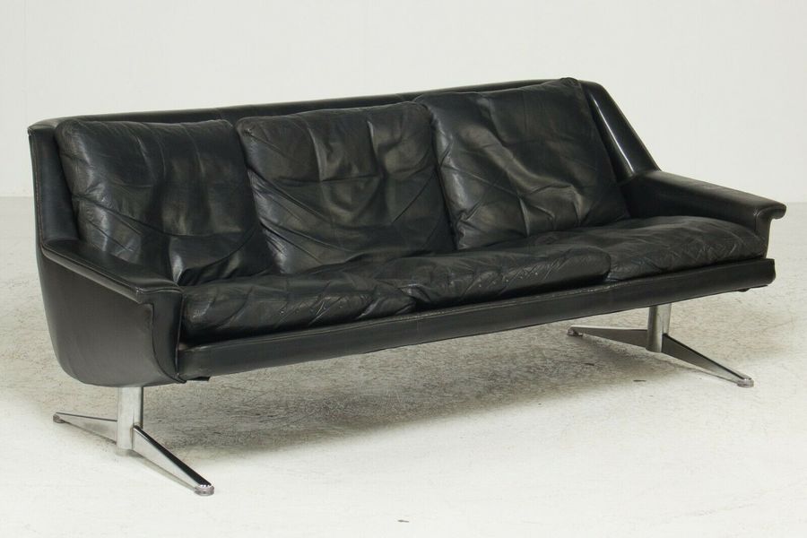 vintage danish mid century langenfeld esa 3 person black leather sofa 1960 s vinterior