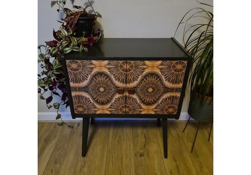 Mid Century Vinyl Lp Cabinet, Decoupage, 1950's  Black And Gold Sideboard