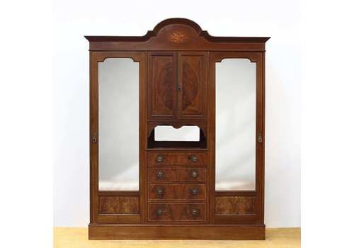 Edwardian Inlaid Mahogany Triple Wardrobe With Mirrored Doors