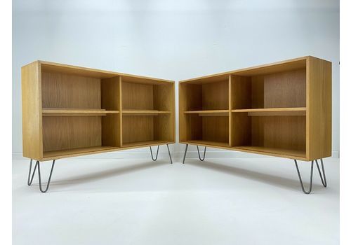 Pair Of Danish Light Oak Bookcase On Hairpin Legs   Veneer Retro Vintage Glass