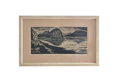 Midcentury Framed Linocut Art Devin By Duracka, Czechoslovakia, Circa 1960