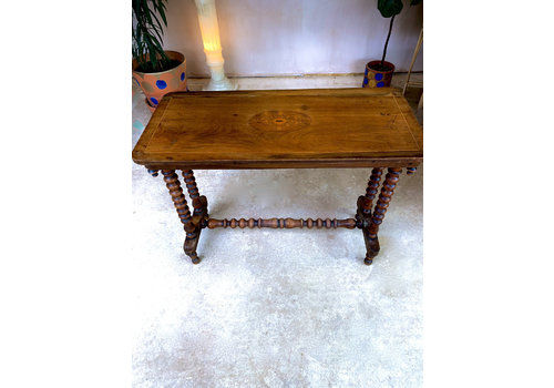 Victorian Bobbin Turned Dark Wood Console Table With Marquetry Inlay