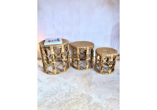 Rare 1970’s Boho Tortoiseshell Bamboo & Cane Circular Nesting Tables