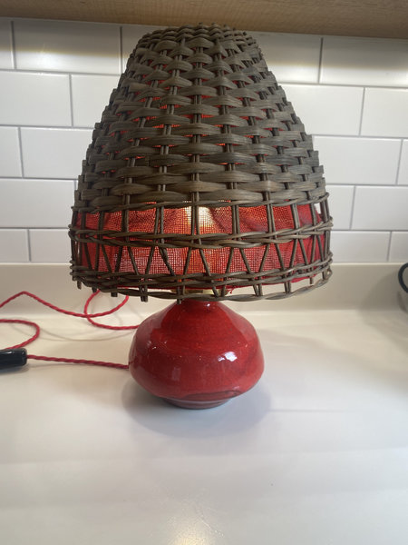 Red Glazed Table Lamp Rattan Shade Nykirka Motala Sweden 1960s Excellent Condition Rewired photo Lighting