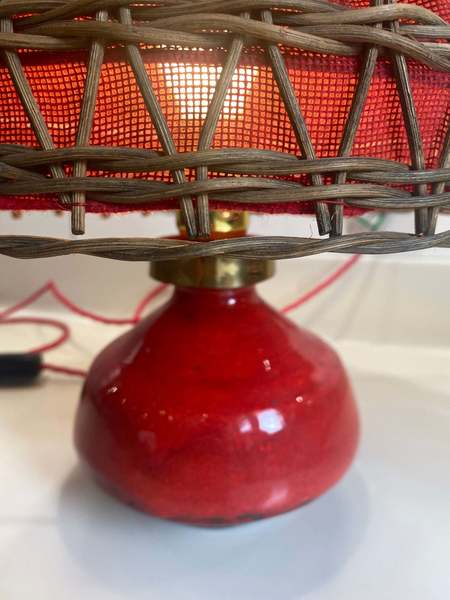 Red Glazed Table Lamp Rattan Shade Nykirka Motala Sweden 1960s Excellent Condition Rewired photo 220.0