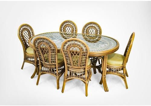 Mid Century Bamboo Cane Dining Set, Tiki Table And 6 Chairs